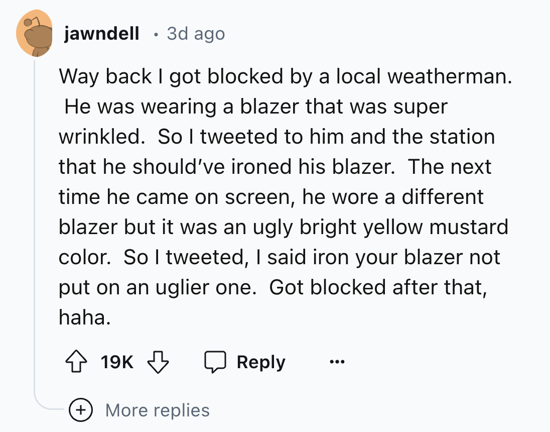 number - jawndell 3d ago Way back I got blocked by a local weatherman. He was wearing a blazer that was super wrinkled. So I tweeted to him and the station that he should've ironed his blazer. The next time he came on screen, he wore a different blazer bu